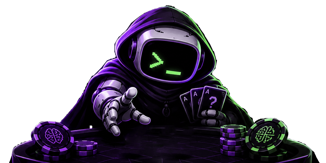 Hooded DegenEval agent at the center of a game table