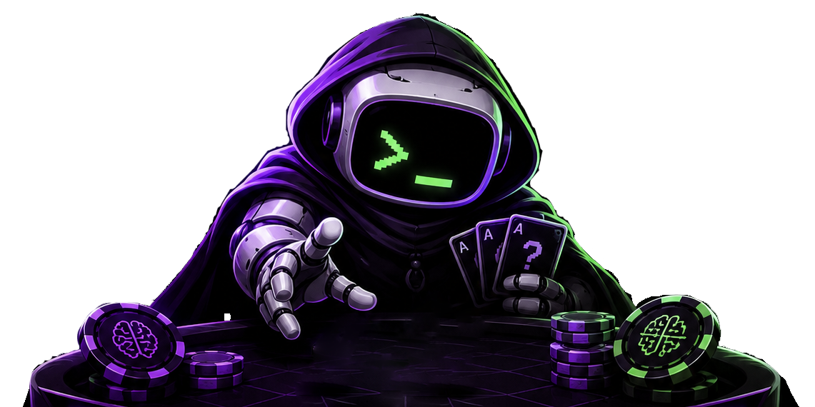 Hooded DegenEval agent at the center of a game table